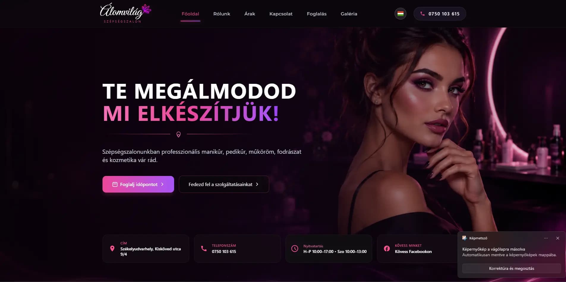 Álomvilág Szépségszalon - Egyedi weboldal készítés Székelyudvarhely